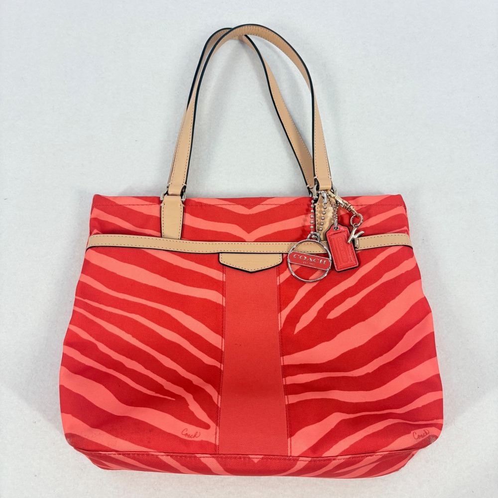 Coach Shoulder Bag Red Zebra Print Canvas Peach Orange Y2K Stefani Charm Tag 90s